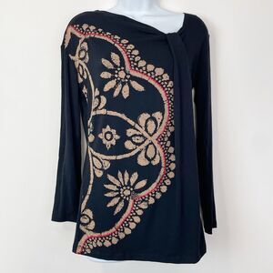 Desigual Floral Abstract‎ Graphic Print Twist Neck Long Sleeve Top Black Large